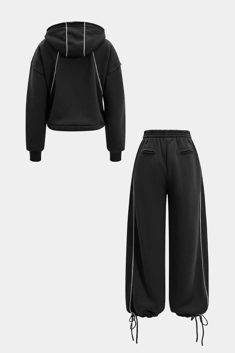 Drawstring Zipper Hoodie And Straight Leg Tie - Up Trousers Set - MISMIMCWSC2507260149-BLACK-XS