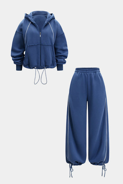 Drawstring Zipper Hoodie And Straight Leg Tie - Up Trousers Set - MISMIMCWSC2507260149-DARK BLUE-XS