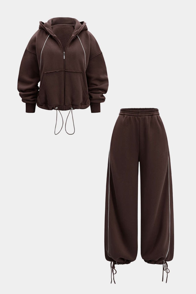 Drawstring Zipper Hoodie And Straight Leg Tie - Up Trousers Set - MISMIMCWSC2507260149-COFFEE-XS