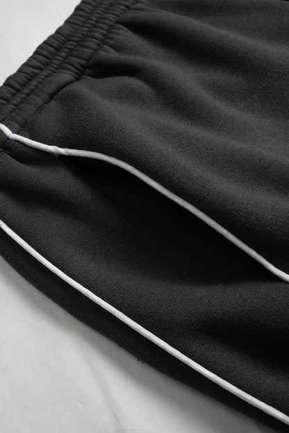 Drawstring Zipper Hoodie And Straight Leg Tie - Up Trousers Set - MISMIMCWSC2507260149-BLACK-XS