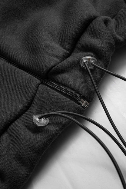 Drawstring Zipper Hoodie And Straight Leg Tie - Up Trousers Set - MISMIMCWSC2507260149-BLACK-XS
