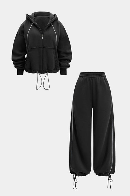 Drawstring Zipper Hoodie And Straight Leg Tie - Up Trousers Set - MISMIMCWSC2507260149-BLACK-XS