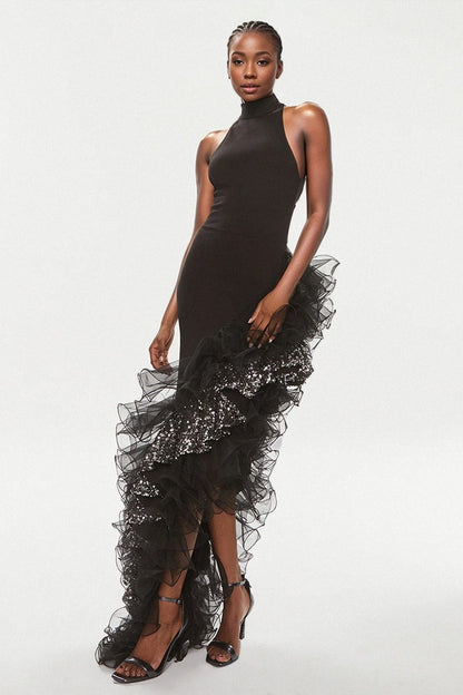 Black Ruffled Mesh Asymmetrical Party Dress