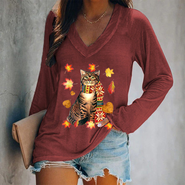 Autumn Cat Printed V-neck Women's T-shirt