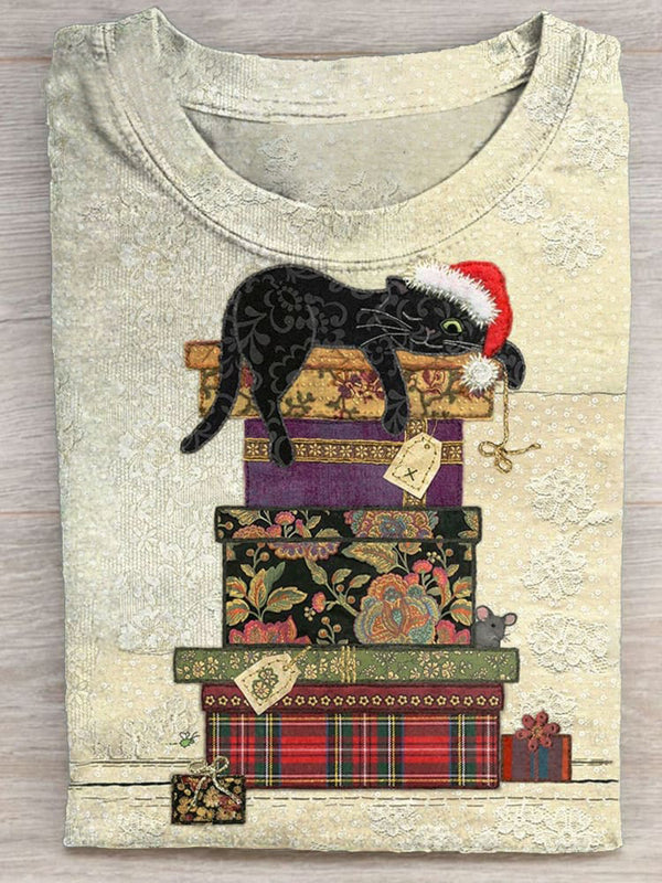 Christmas Gifts Cat Printed Crew Neck Women's T-shirt