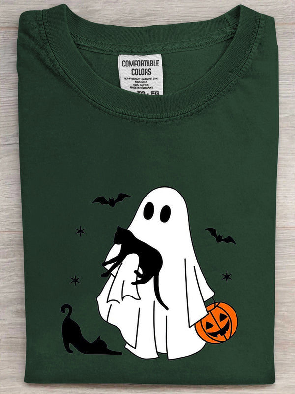 Ghost Holding Black Cat Spooky Halloween Printed Unisex Oversized T-shirt