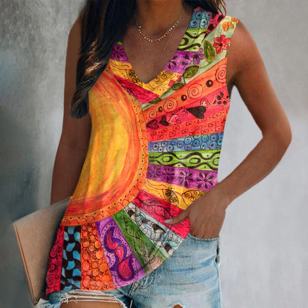 Color Block Art Printed V-neck Women's Vest