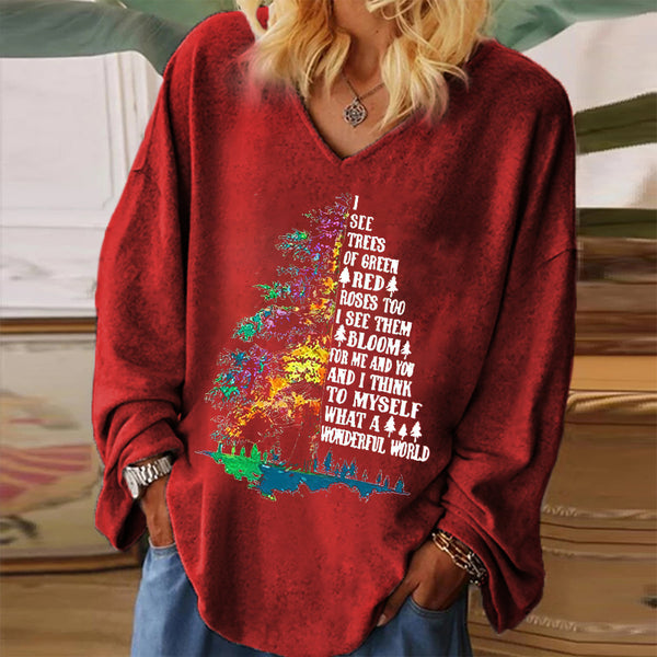 I See Tree Of Green Printed V-Neck Long Sleeves Women's T-shirt