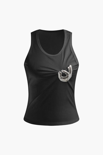 Embellished Ruched Tank Top - MISMIMCWTT2404240100-BLACK-M