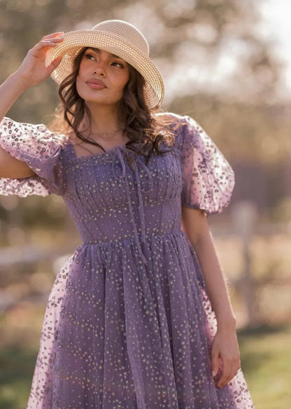 Everbloom Puff Sleeve Midi Dress in Purple - MISMIJK24169-W-LAV-00