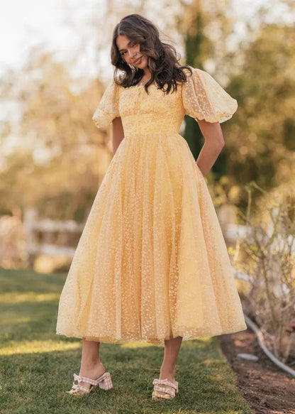 Everbloom Puff Sleeve Midi Dress in Yellow - MISMIJK24169-W-YLW-00