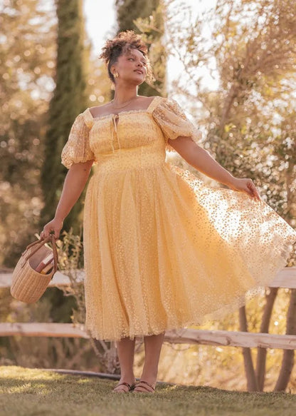 Everbloom Puff Sleeve Midi Dress in Yellow - MISMIJK24169-W-YLW-00