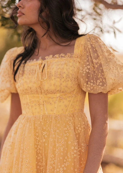 Everbloom Puff Sleeve Midi Dress in Yellow - MISMIJK24169-W-YLW-00