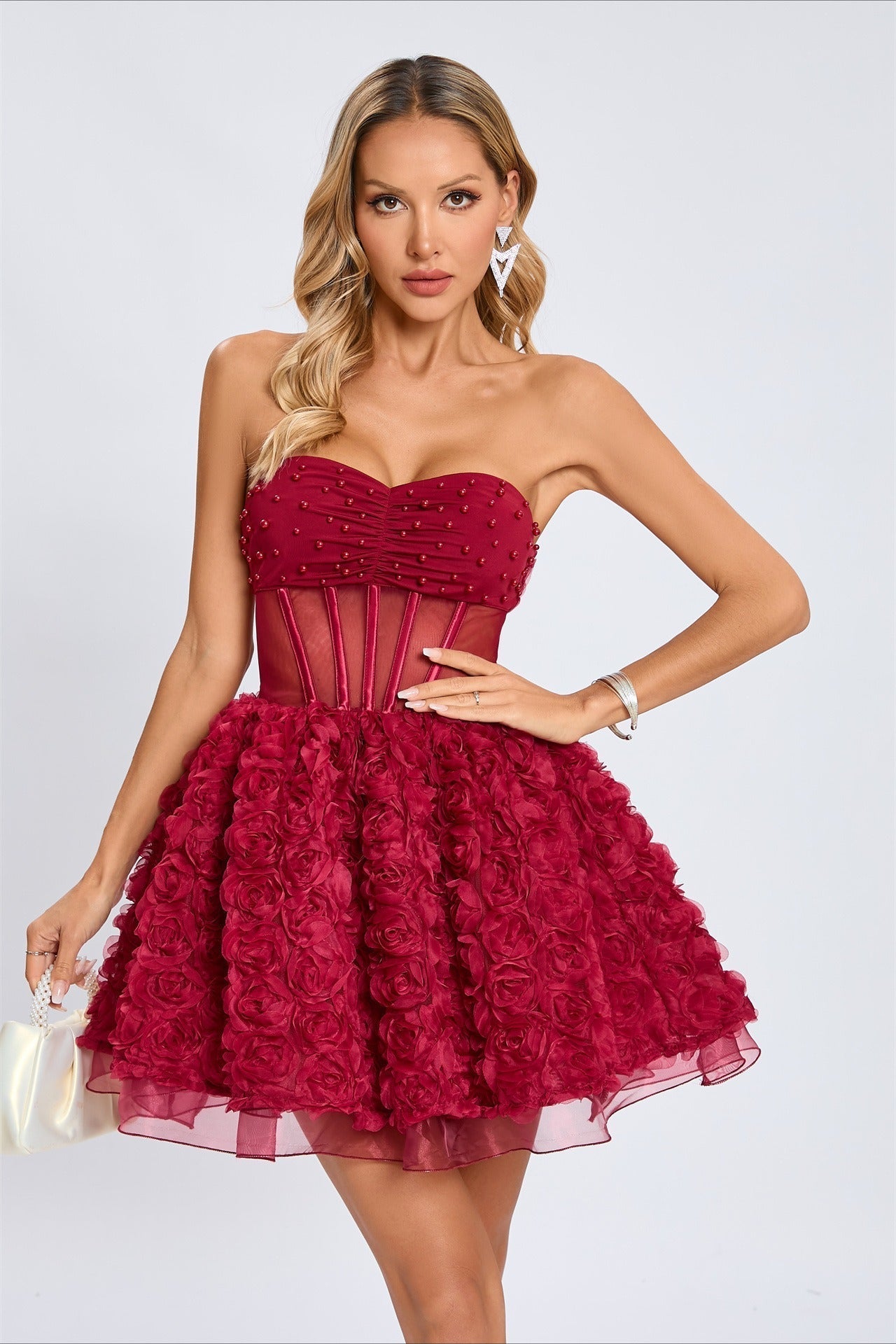 Beaded Strapless Puff Party Dress