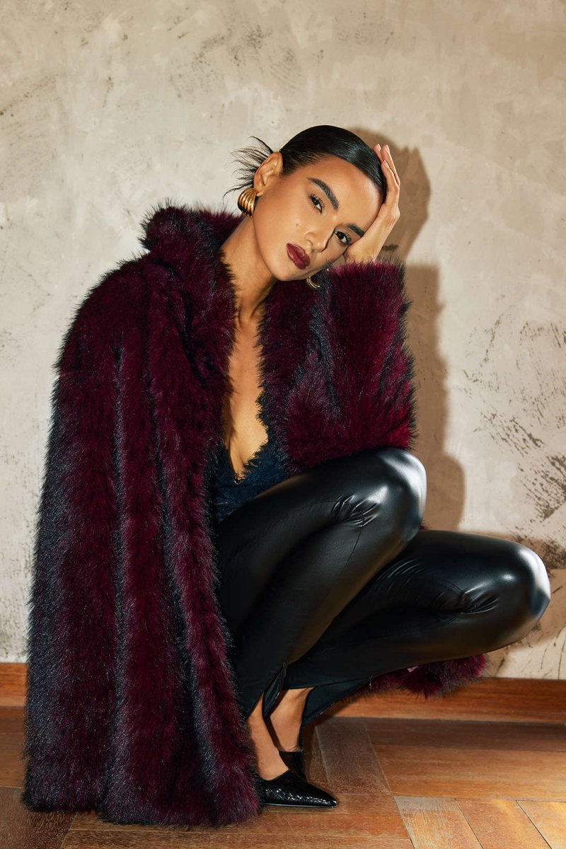 Faux Fur Coat - MISMIMCWOC2509080171-MAROON-XS