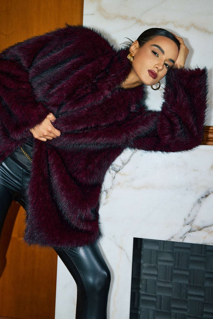 Faux Fur Coat - MISMIMCWOC2509080171-MAROON-XS