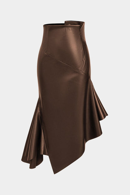Faux Leather Asymmetrical Hem Ruched Skirt - MISMIMCWBK2509160048-LIGHT BROWN-XS
