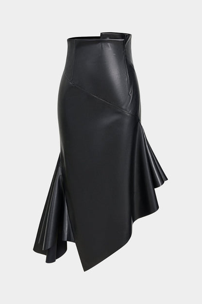 Faux Leather Asymmetrical Hem Ruched Skirt - MISMIMCWBK2509160048-BLACK-XS