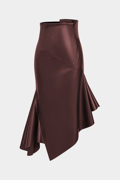 Faux Leather Asymmetrical Hem Ruched Skirt - MISMIMCWBK2509160048-BURGUNDY-XS