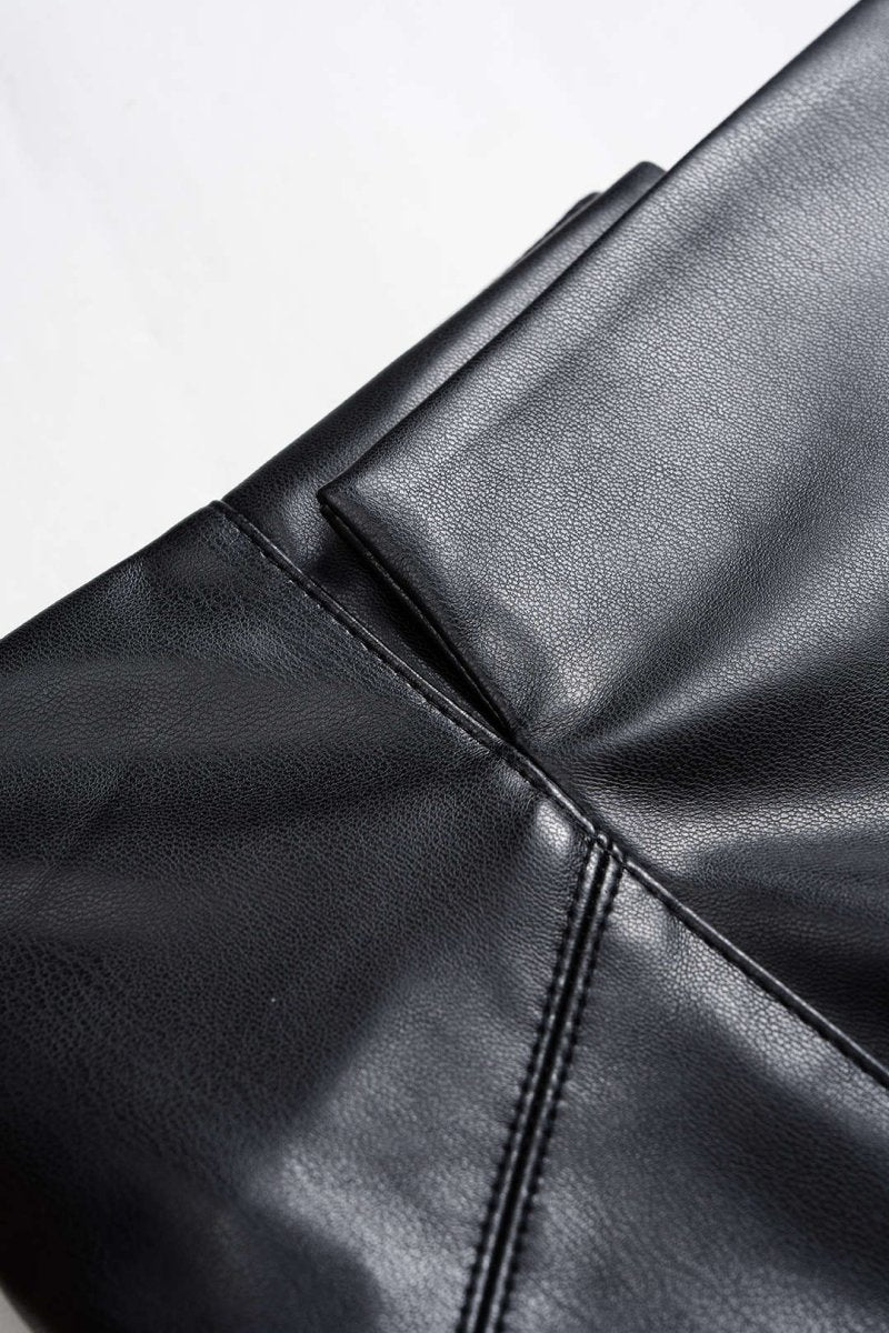 Faux Leather Asymmetrical Hem Ruched Skirt - MISMIMCWBK2509160048-BLACK-XS