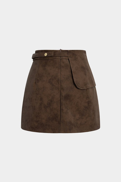 Faux Leather Asymmetrical Zipper Belted Skirt - MISMIMCWBK2509080031-BROWN-XS