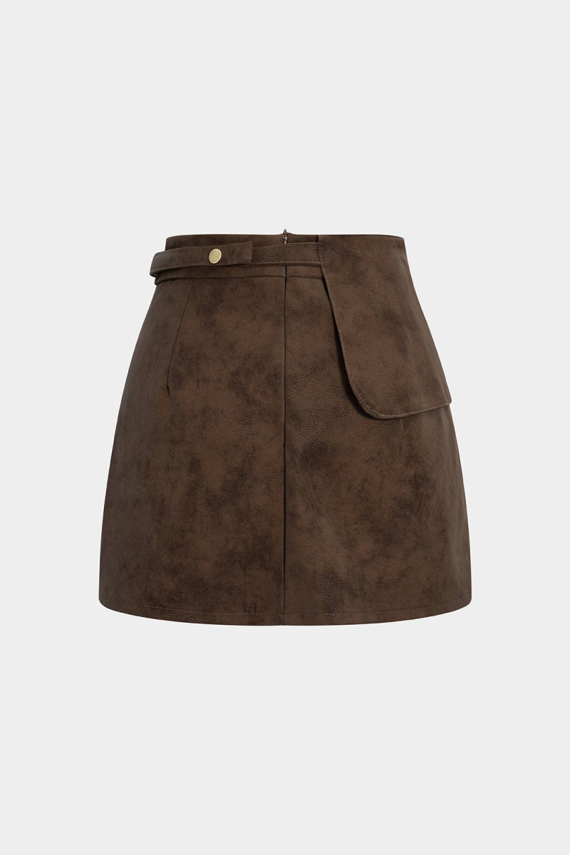 Faux Leather Asymmetrical Zipper Belted Skirt - MISMIMCWBK2509080031-BROWN-XS