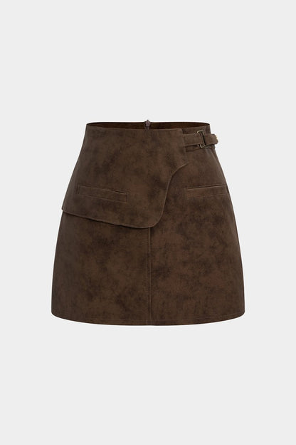 Faux Leather Asymmetrical Zipper Belted Skirt - MISMIMCWBK2509080031-BROWN-XS