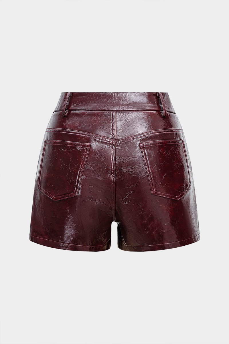Faux Leather Button Shorts - MISMIMCWBS2510090032-BURGUNDY-XS