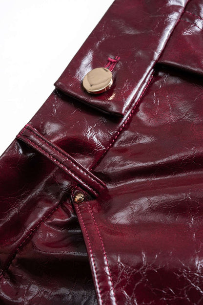 Faux Leather Button Shorts - MISMIMCWBS2510090032-BURGUNDY-XS