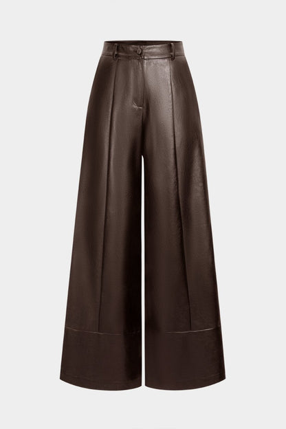 Faux Leather Button Wide Leg Pants - MISMIMCWBT2510130289-BURGUNDY-XS