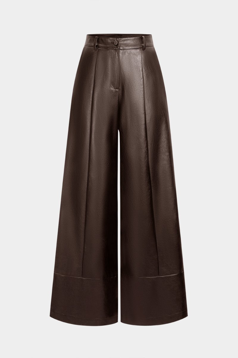 Faux Leather Button Wide Leg Pants - MISMIMCWBT2510130289-BURGUNDY-XS