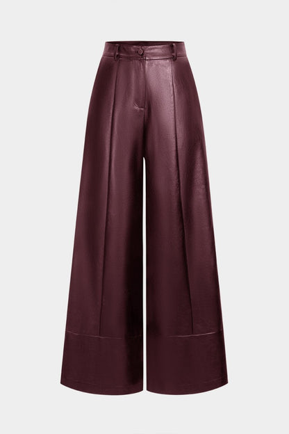 Faux Leather Button Wide Leg Pants - MISMIMCWBT2510130289-BROWN-XS