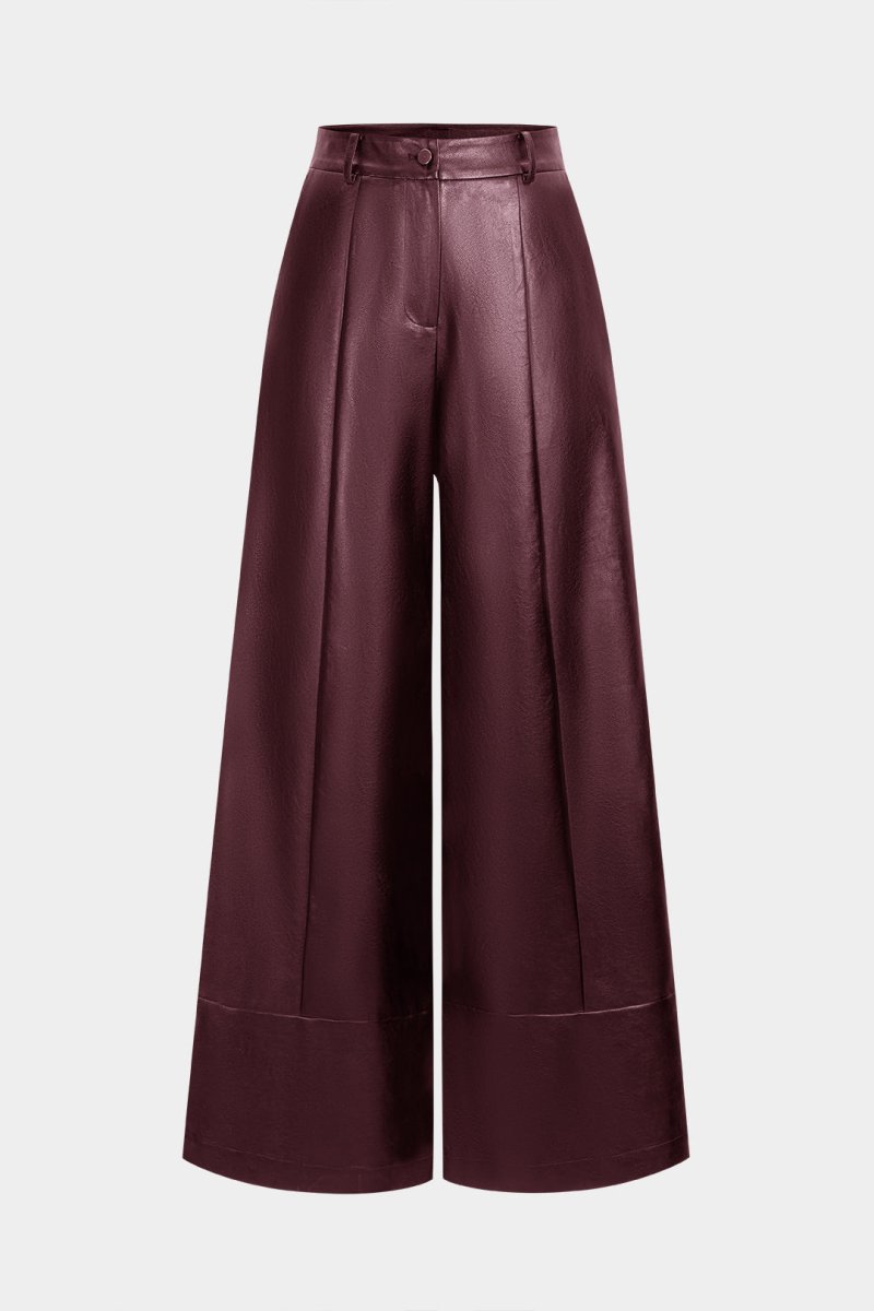 Faux Leather Button Wide Leg Pants - MISMIMCWBT2510130289-BROWN-XS