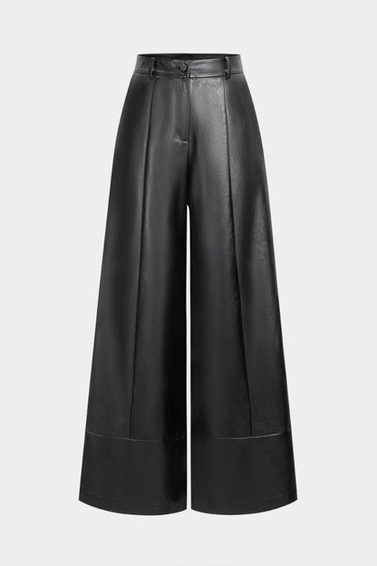 Faux Leather Button Wide Leg Pants - MISMIMCWBT2510130289-BLACK-XS