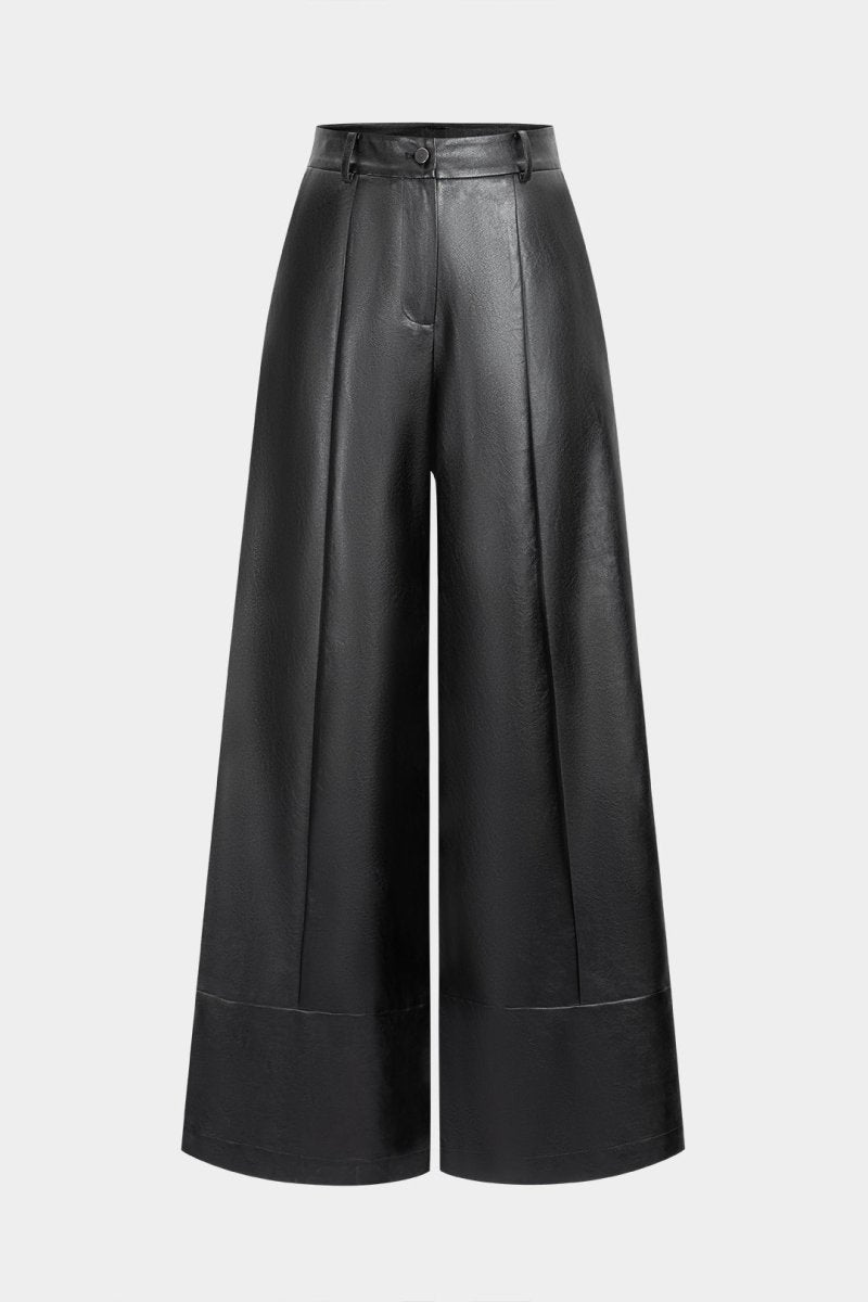 Faux Leather Button Wide Leg Pants - MISMIMCWBT2510130289-BLACK-XS