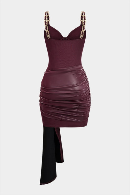 Faux Leather Chain Patchwork Ruched Sleeveless Mini Dress - MISMIMCWDC2509040043-BURGUNDY-XS