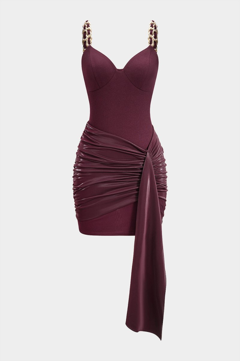 Faux Leather Chain Patchwork Ruched Sleeveless Mini Dress - MISMIMCWDC2509040043-BURGUNDY-XS