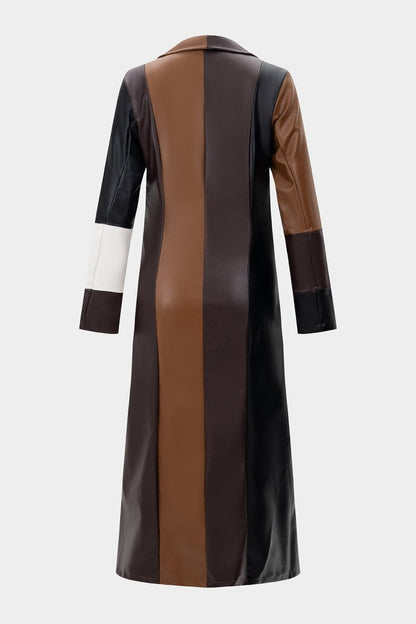 Faux Leather Contrast Notched Lapell Coat - MISMIMCWDB2506090035-BROWN-XS