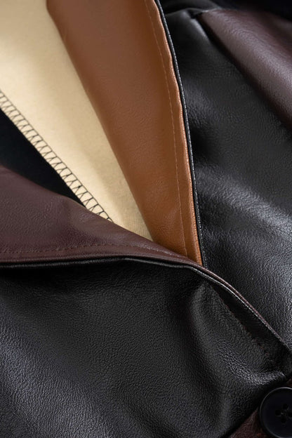 Faux Leather Contrast Notched Lapell Coat - MISMIMCWDB2506090035-BROWN-XS