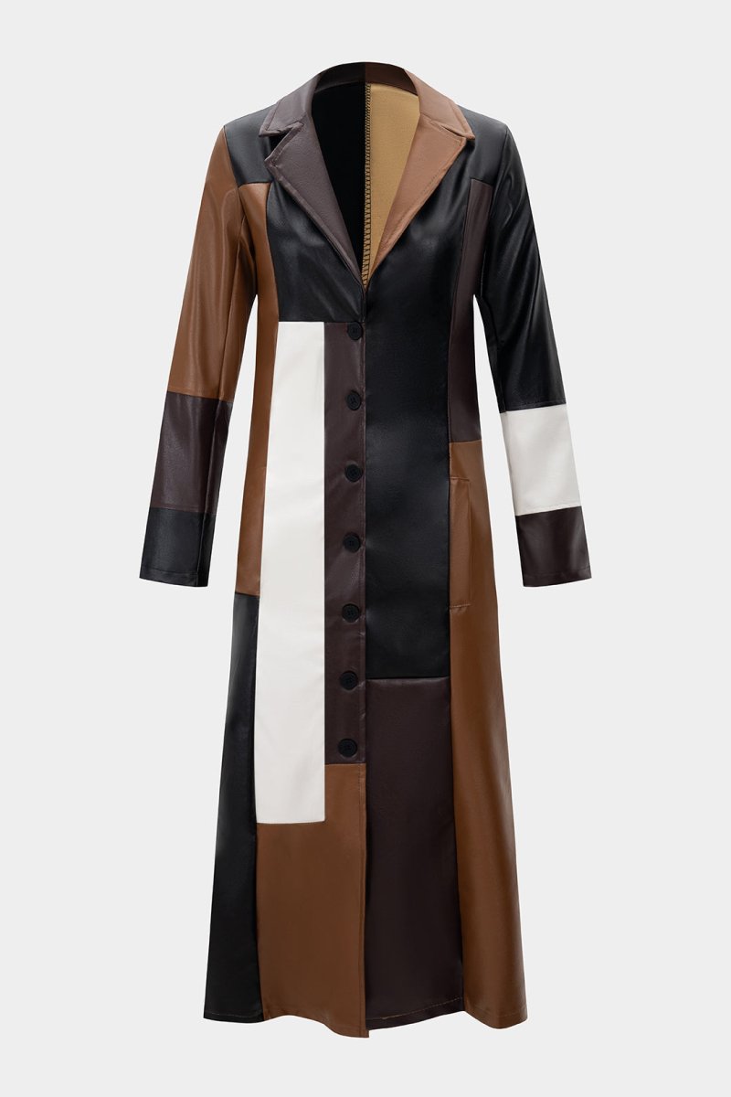Faux Leather Contrast Notched Lapell Coat - MISMIMCWDB2506090035-BROWN-XS
