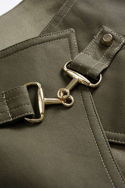 Faux Leather Contrast Pocket Skirt - MISMIMCWBK2506060066-OLIVE-XS