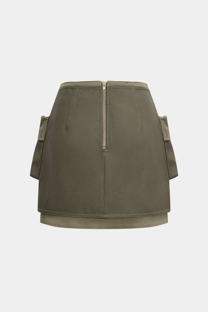 Faux Leather Contrast Pocket Skirt - MISMIMCWBK2506060066-OLIVE-XS
