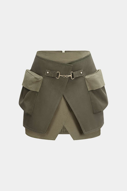 Faux Leather Contrast Pocket Skirt - MISMIMCWBK2506060066-OLIVE-XS