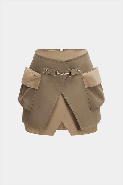 Faux Leather Contrast Pocket Skirt - MISMIMCWBK2506060066-KHAKI-XS