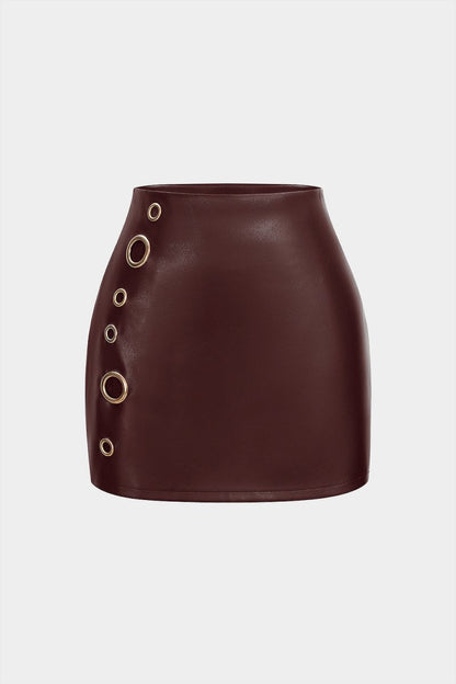 Faux Leather Eyelet Skirt - MISMIMCWBK2509250082-BURGUNDY-XS