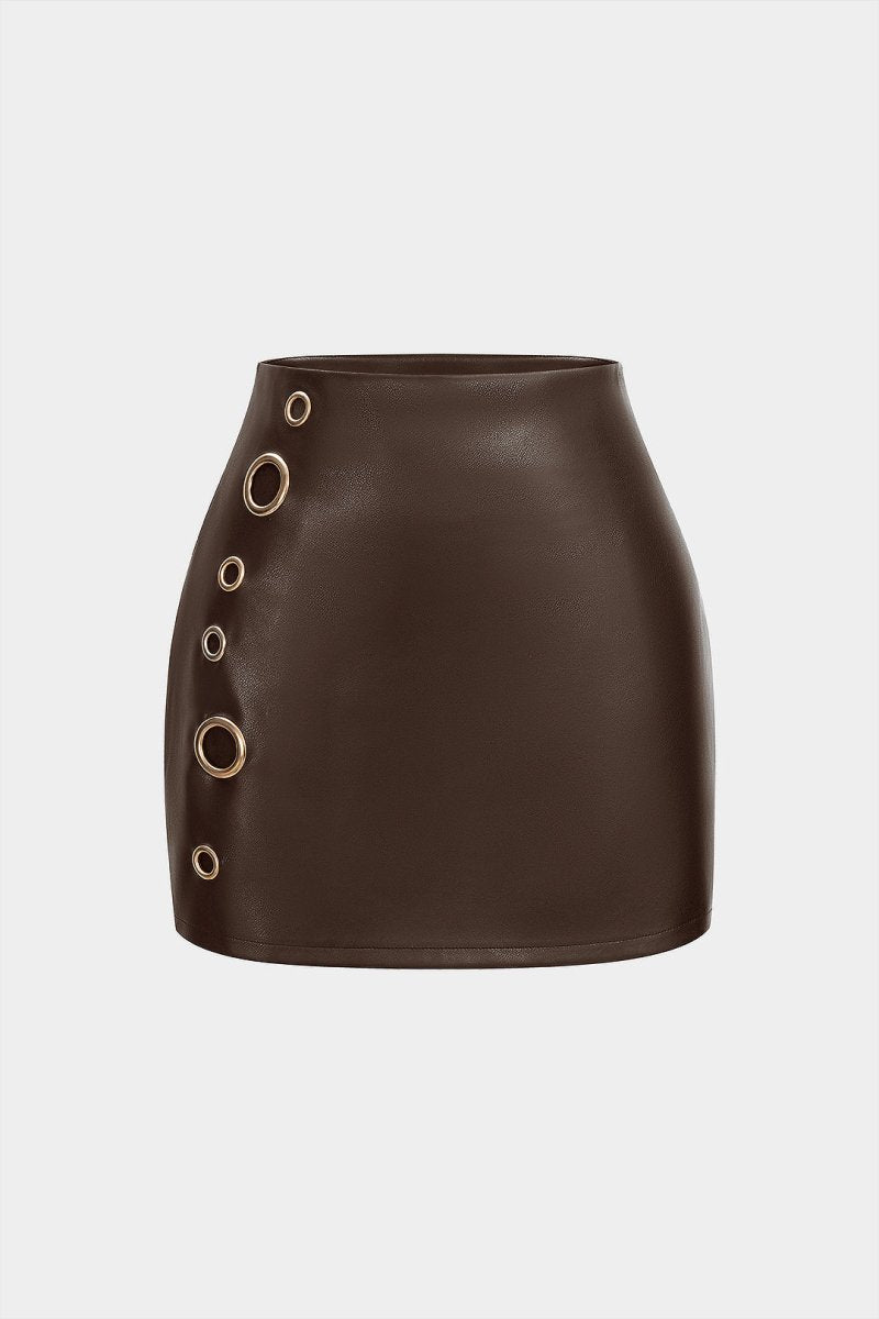 Faux Leather Eyelet Skirt - MISMIMCWBK2509250082-BROWN-XS