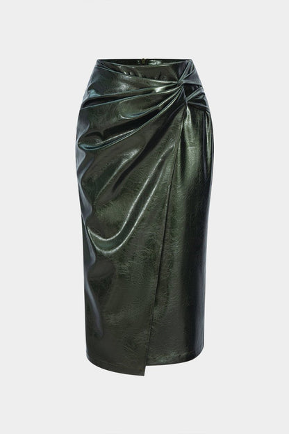 Faux Leather High Waist Ruched Asymmetrical Skirt - MISMIMCWBK2508050081-DARK GREEN-XS