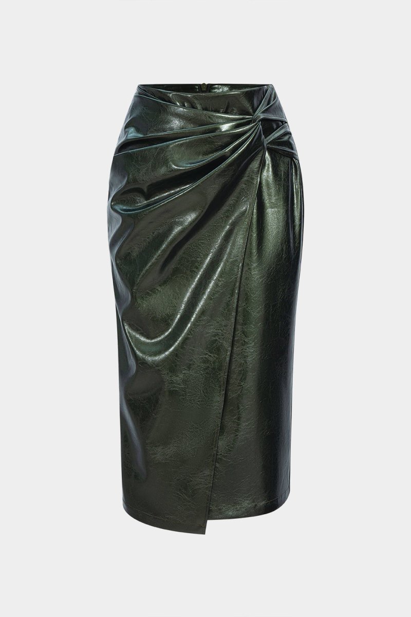 Faux Leather High Waist Ruched Asymmetrical Skirt - MISMIMCWBK2508050081-DARK GREEN-XS