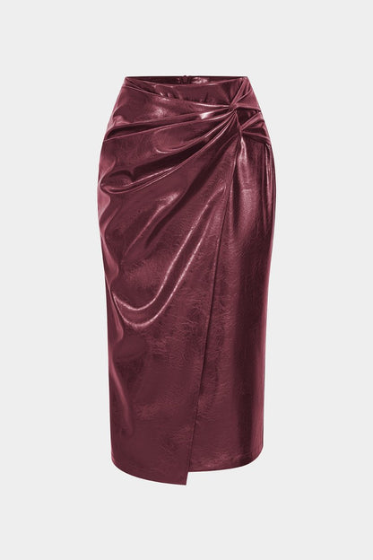 Faux Leather High Waist Ruched Asymmetrical Skirt - MISMIMCWBK2508050081-BURGUNDY-XS