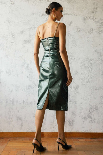 Faux Leather High Waist Ruched Asymmetrical Skirt - MISMIMCWBK2508050081-DARK GREEN-XS